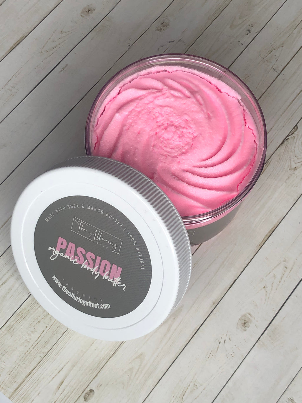 Tropical scented pink body butter made with organic shea butter